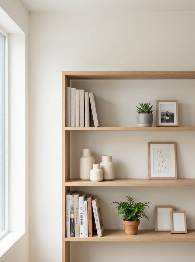 Styled open shelves with books plants and decorative objects