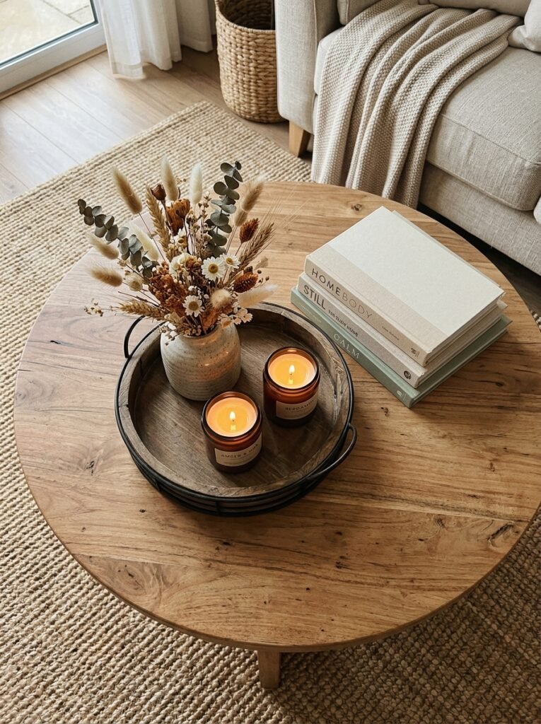Styled coffee table tray with candle plant and books