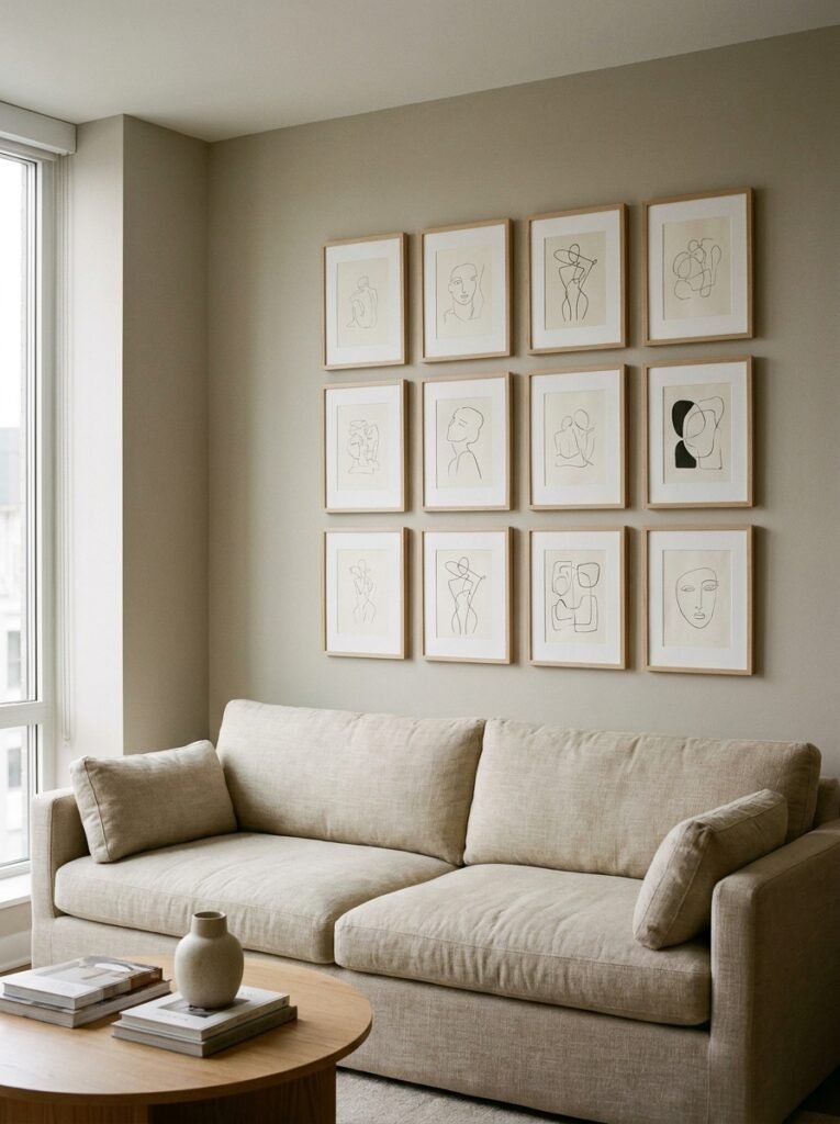 Framed printable wall art hung at eye level gallery style
