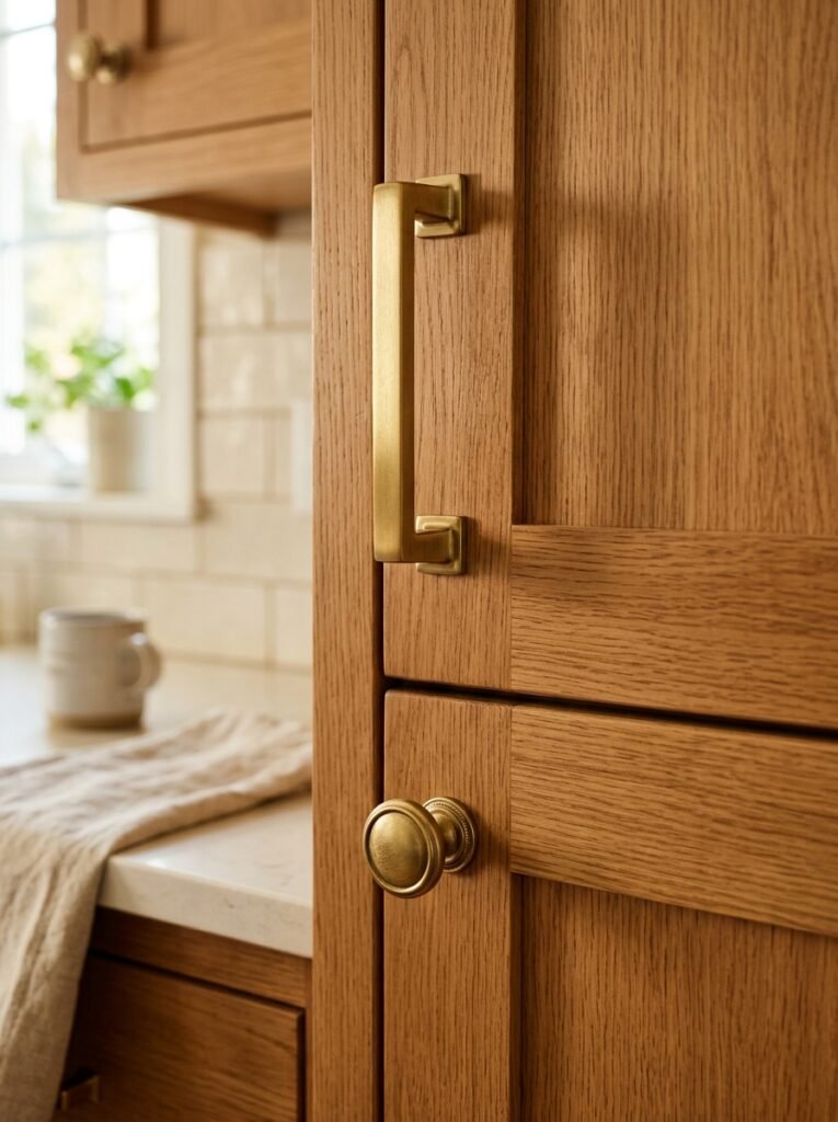 Brushed brass cabinet hardware upgrade on kitchen cabinets