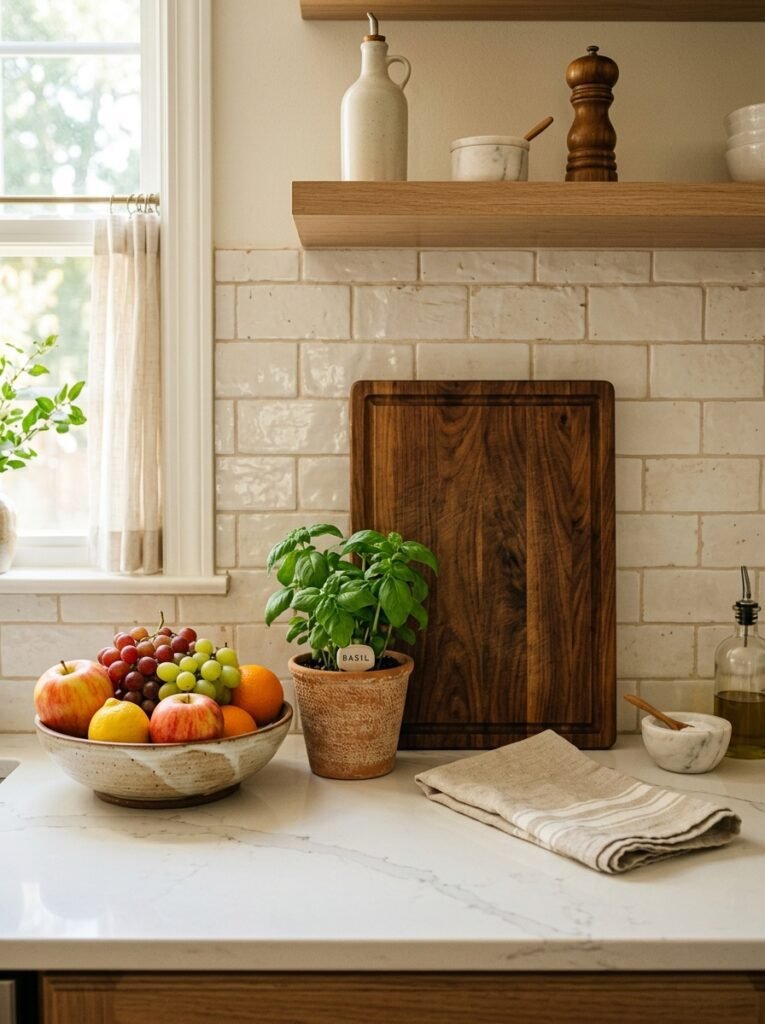 Styled kitchen counter with cutting board fruit bowl and plant