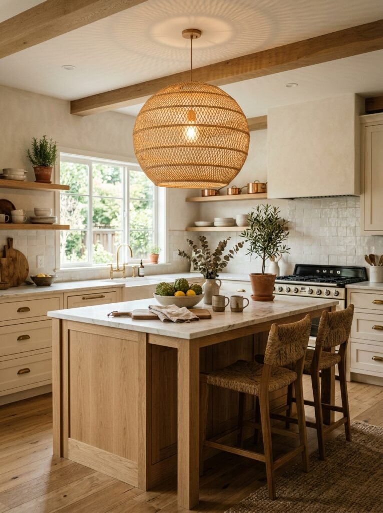 Statement pendant light hanging over kitchen island