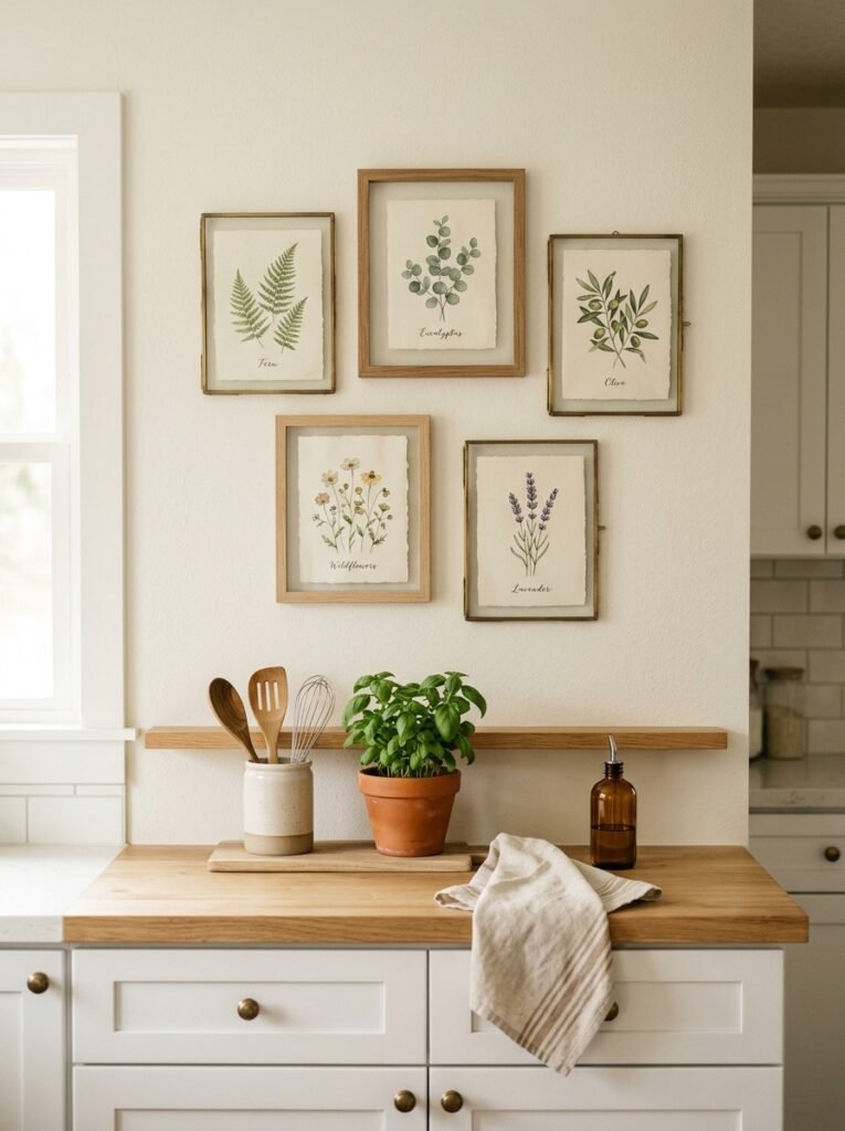 Framed food print wall art in kitchen eating nook