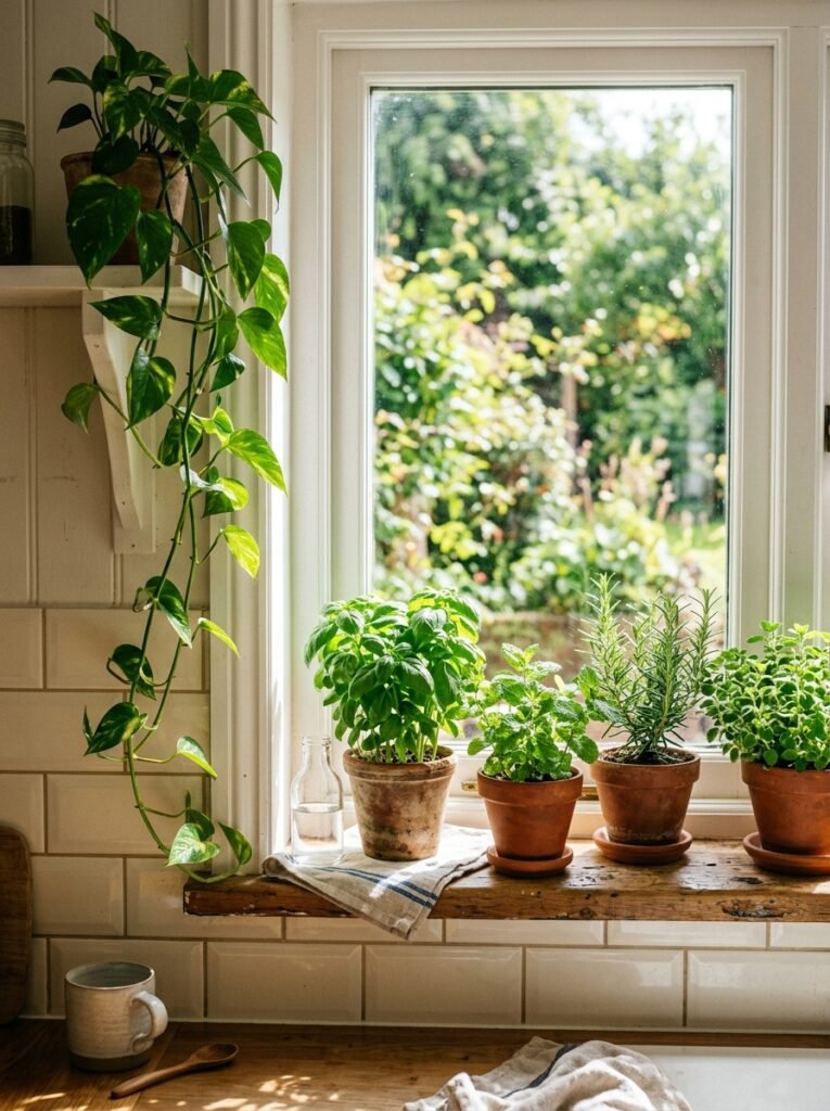 Fresh herbs in pots on kitchen windowsill
