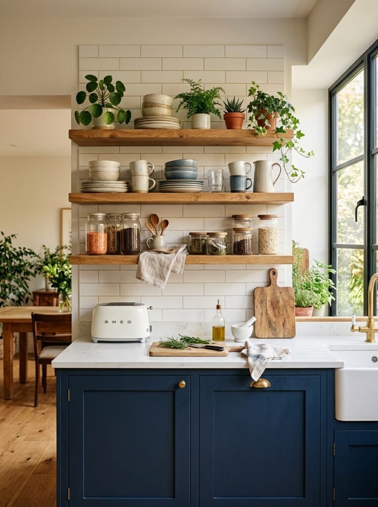 Open kitchen shelving styled with everyday plates and mugs