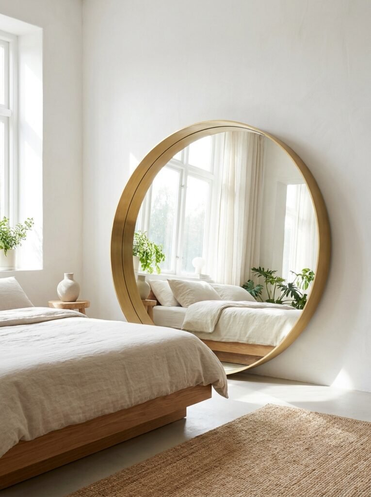 Large mirror leaning against wall brightening living room