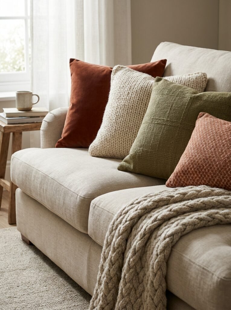 Sofa styled with new cushion covers and cozy throw blanket