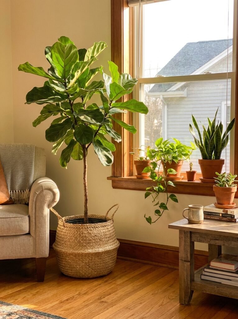 Indoor plants in ceramic pots styled in living room corner