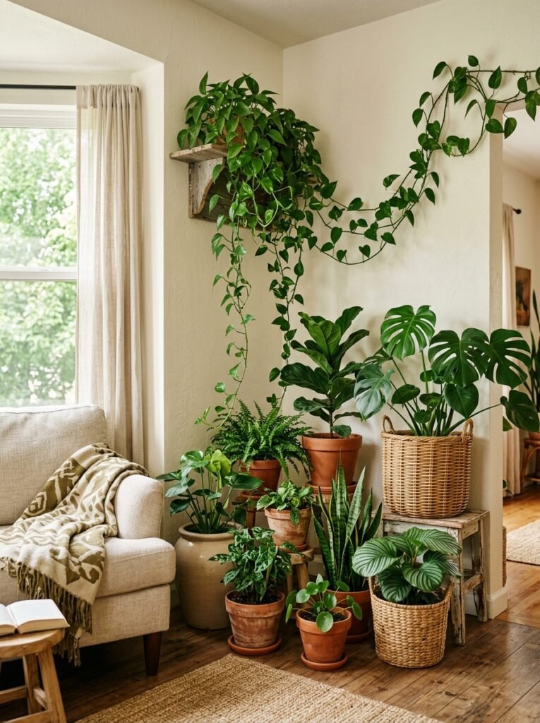 Cluster of indoor plants styled in cozy living room corner
