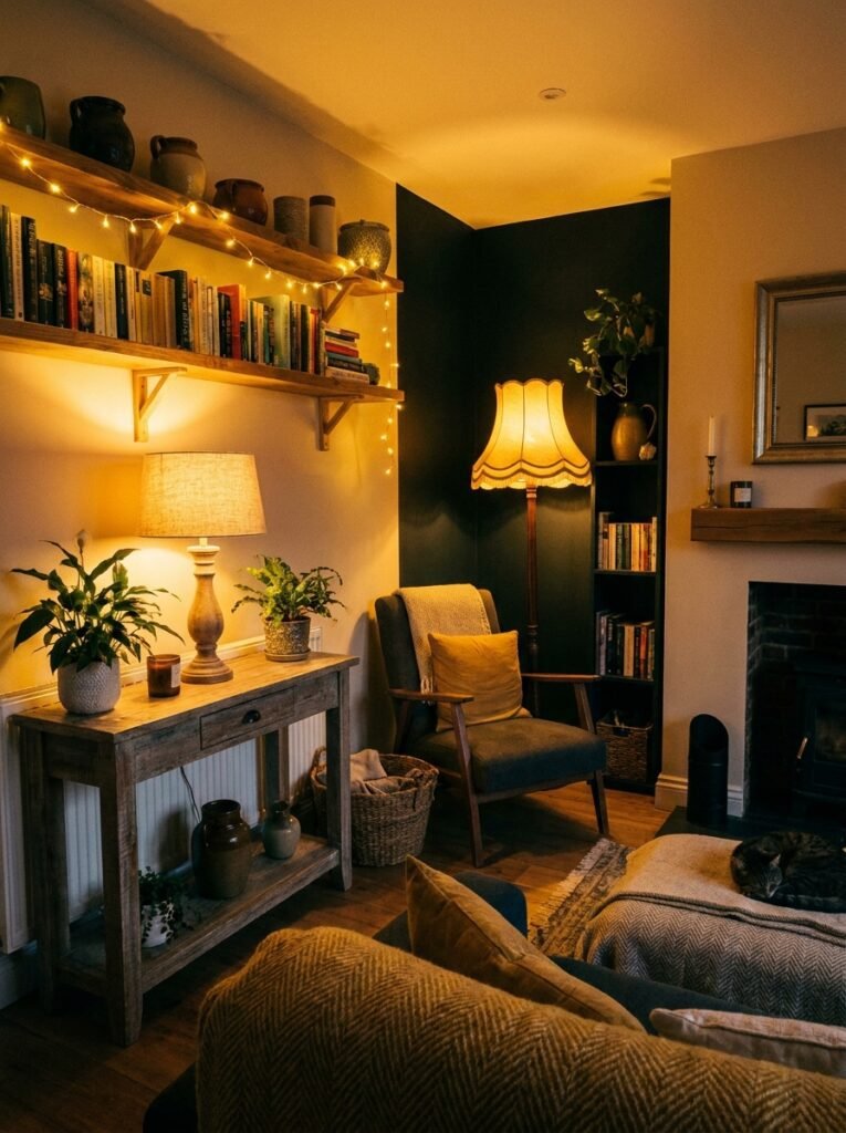 Warm floor lamp lighting in cozy living room corner
