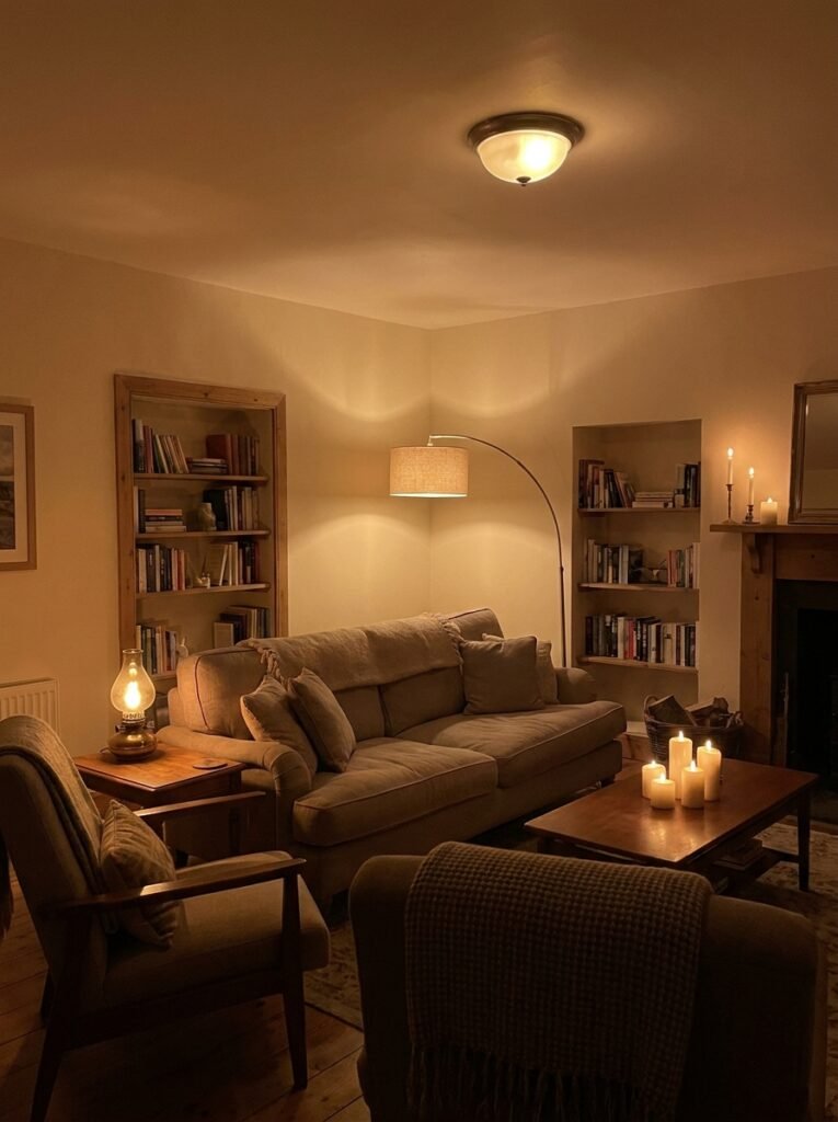 Layered warm lighting with floor lamp and table lamp in living room