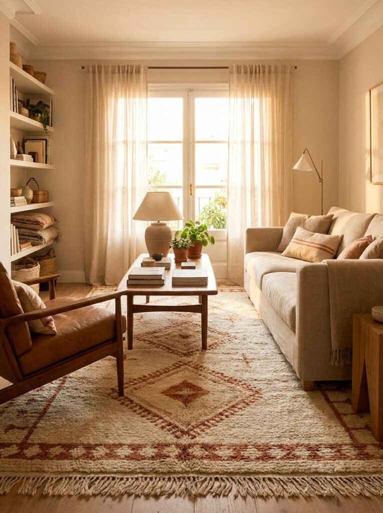 Large soft area rug anchoring cozy living room seating