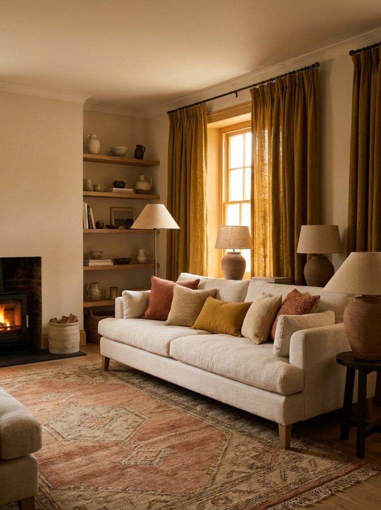 Warm terracotta and mustard color palette in cozy living room