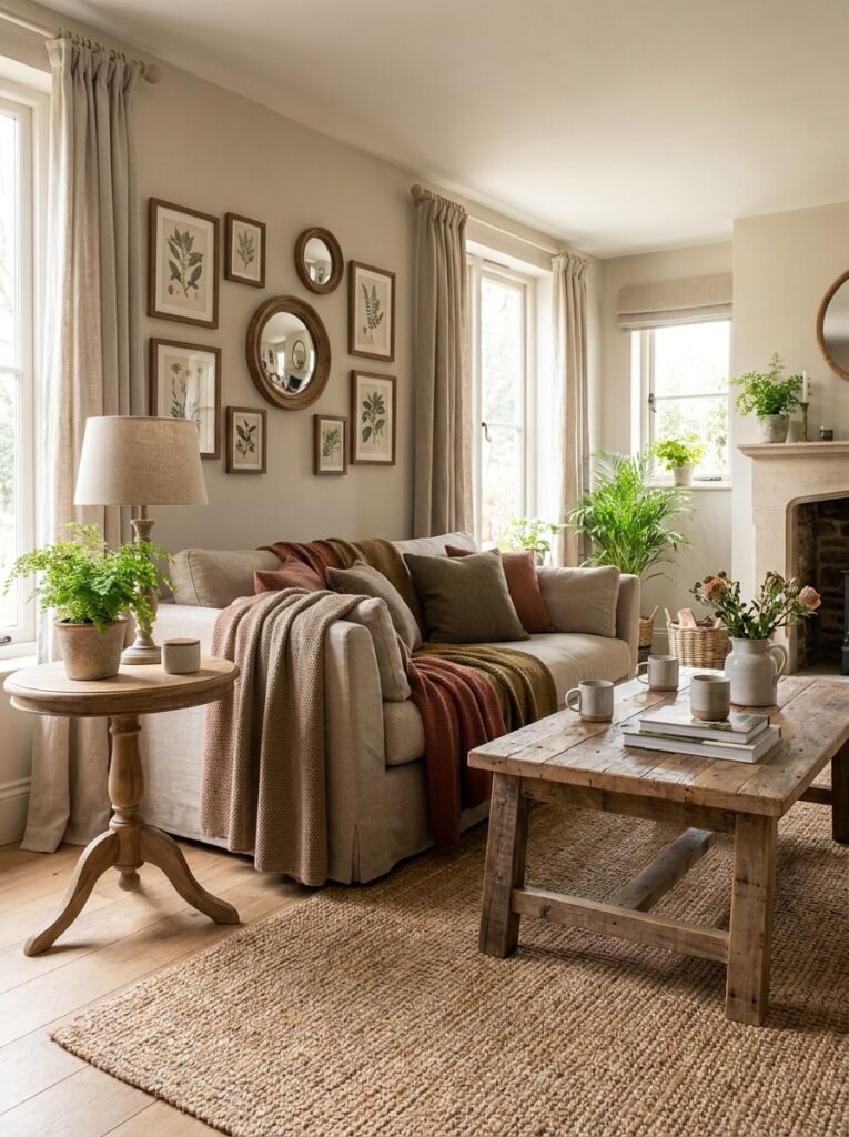 Natural wood coffee table and shelving in cozy living room