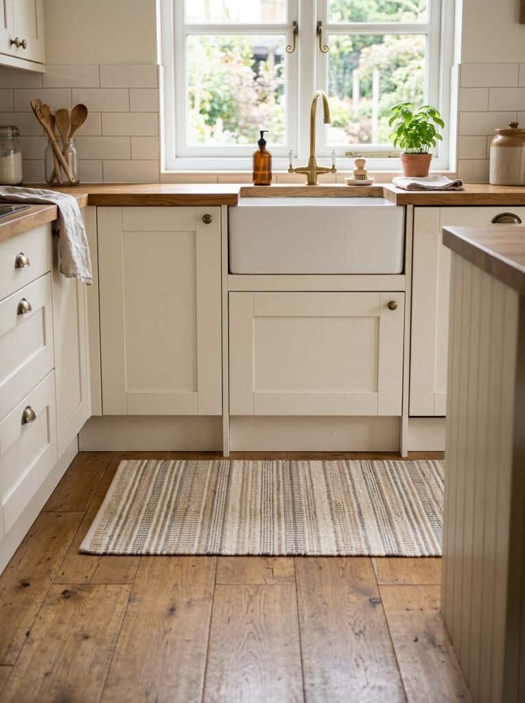 Washable flat weave rug in front of kitchen sink