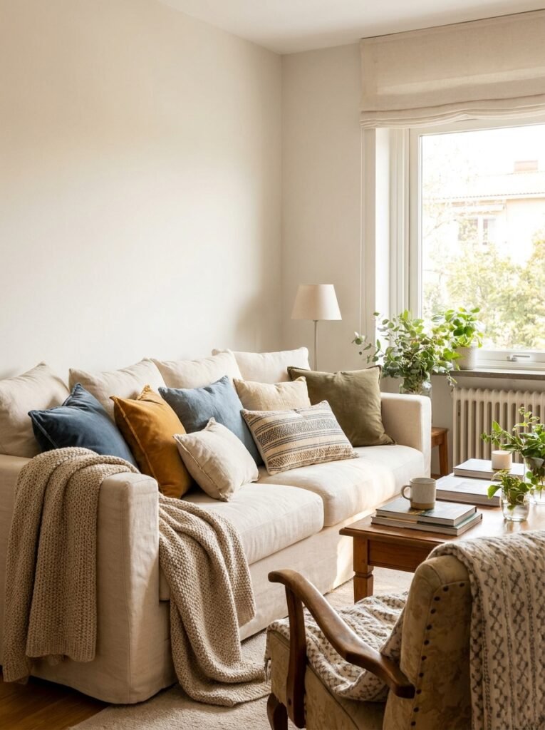 Cozy sofa layered with mixed cushions and soft throw blanket
