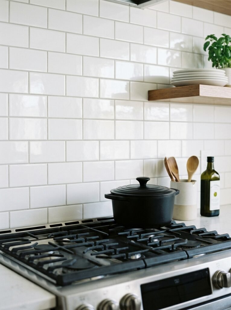 Peel and stick tile backsplash in styled kitchen