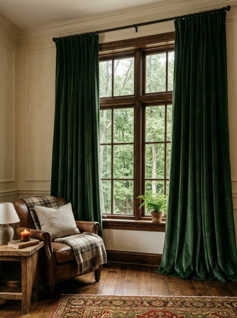 Warm toned floor length curtains in cozy living room