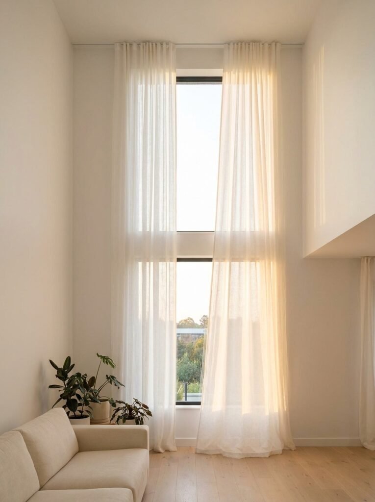 Floor length curtains hung near ceiling for taller room look