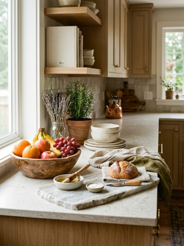Wooden cutting board and ceramic bowls on kitchen counter