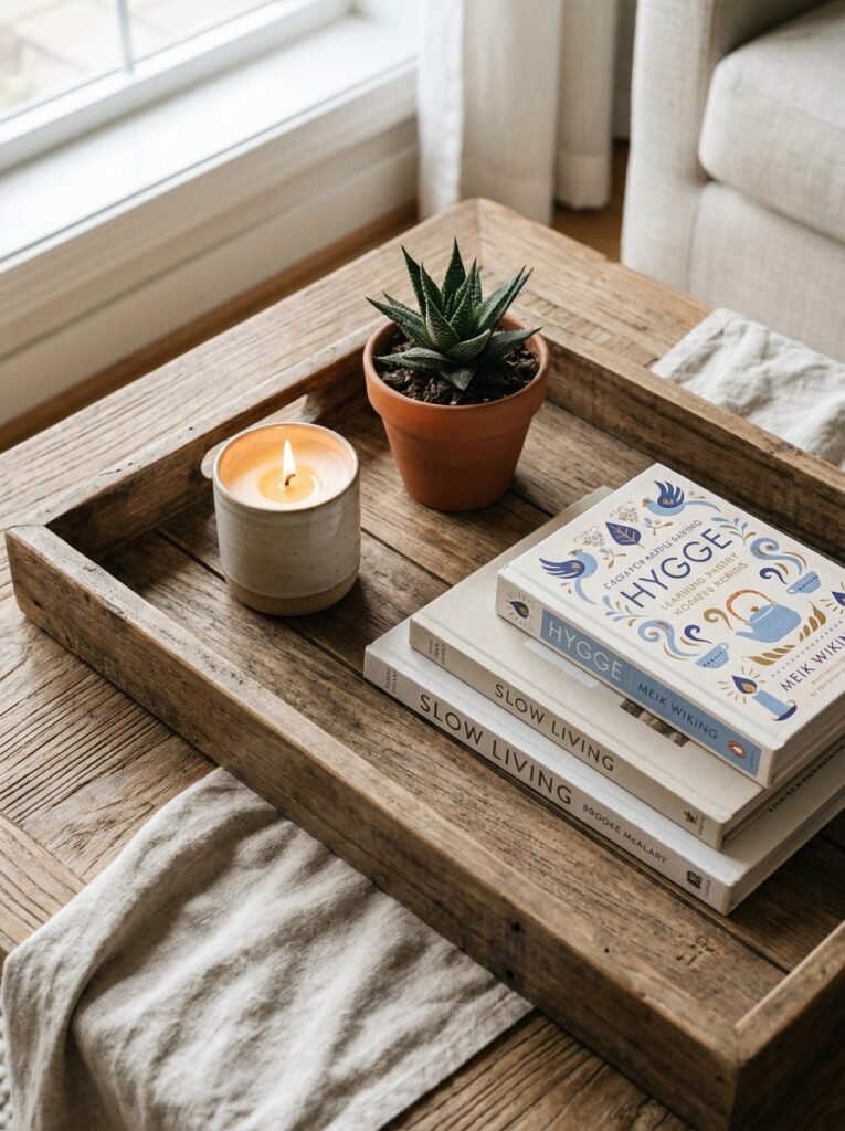 Styled coffee table tray with candle plant and books
