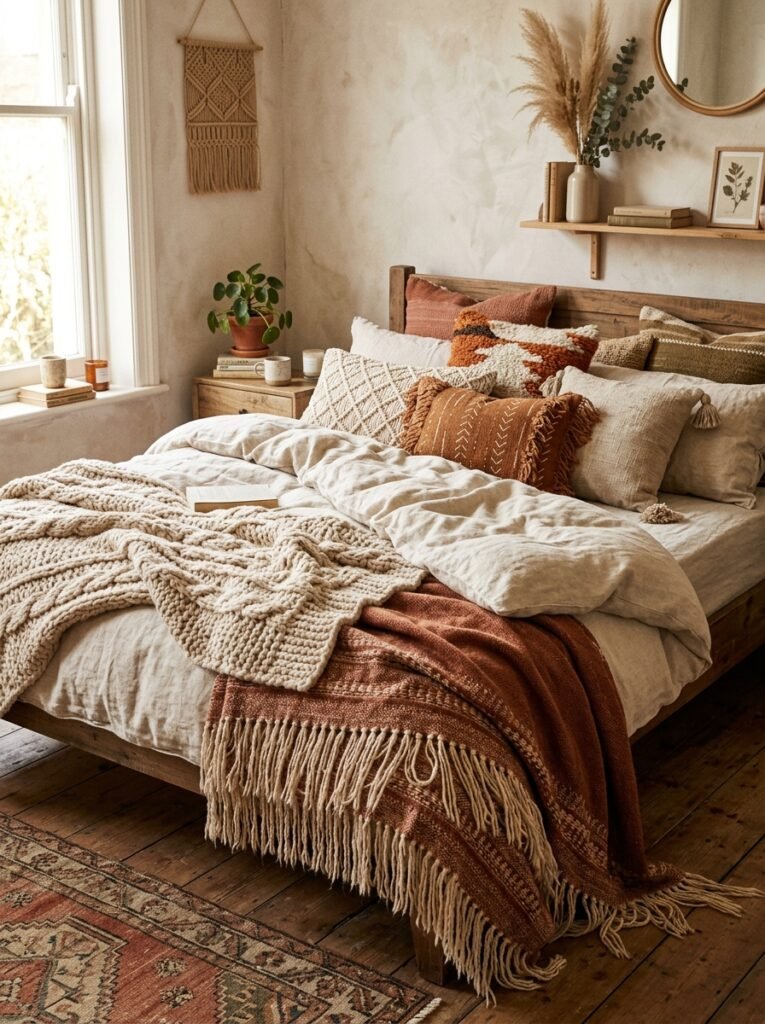 Layered boho bedding with mixed textures and chunky knit throw