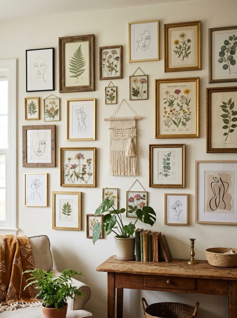 Eclectic gallery wall with mismatched frames in boho bedroom