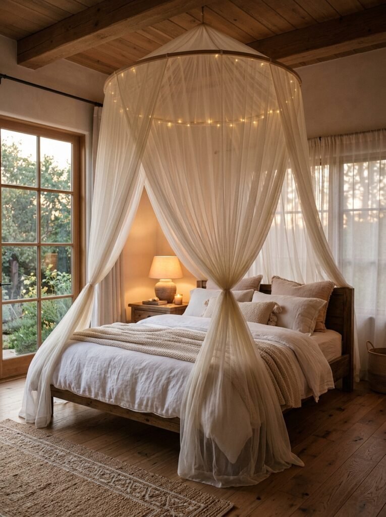 Sheer fabric canopy draped above boho bedroom bed