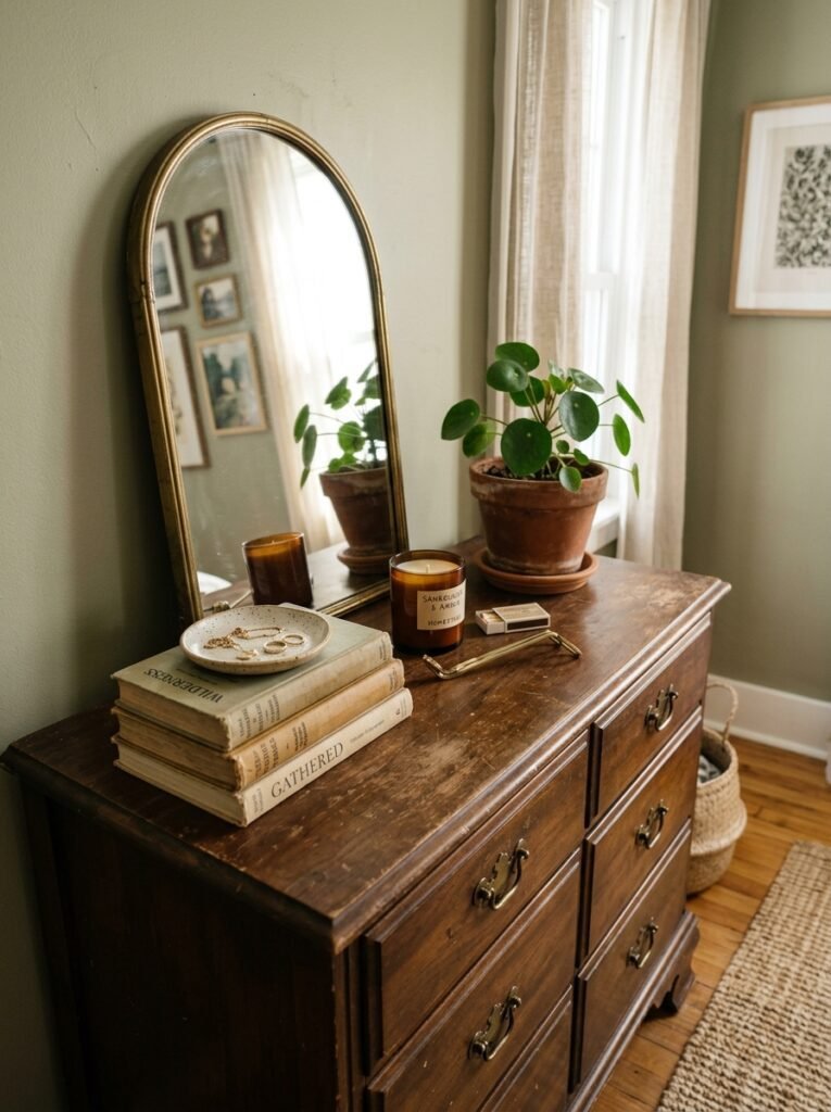 Vintage dresser styled with books, candle, and mirror