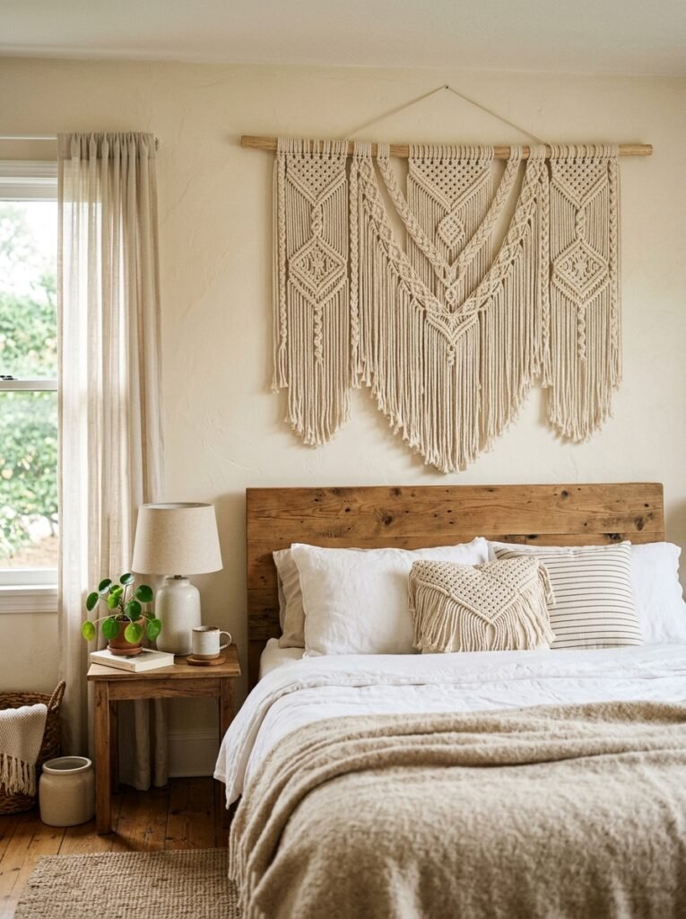 Large macrame wall hanging above boho bedroom bed
