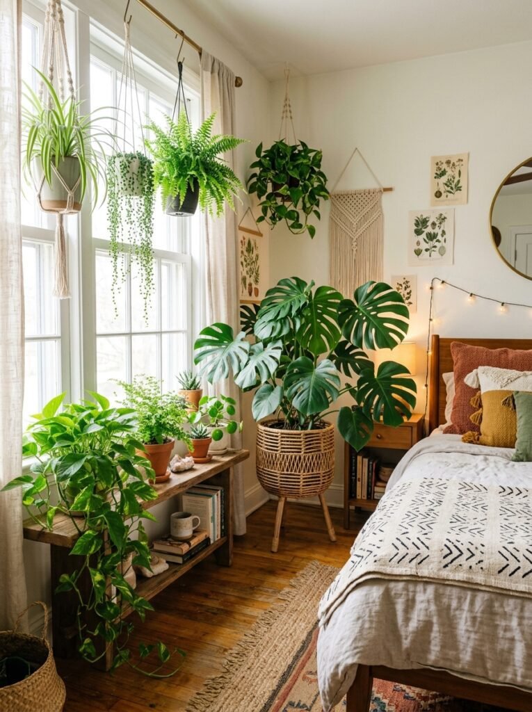 Trailing pothos and hanging plants in boho bedroom corner