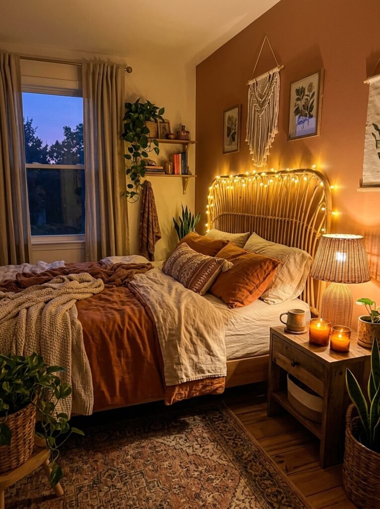 String lights and rattan lamp creating warm boho bedroom lighting