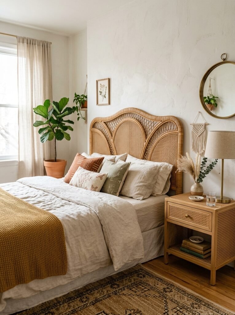 Rattan headboard and cane nightstand in boho bedroom