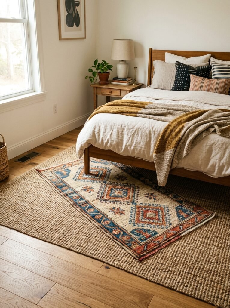 Layered jute and Moroccan patterned rugs in boho bedroom