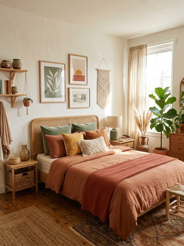 Terracotta and sage green color palette in boho bedroom