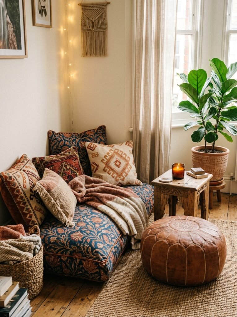 Boho floor cushion reading nook with pouf and plant