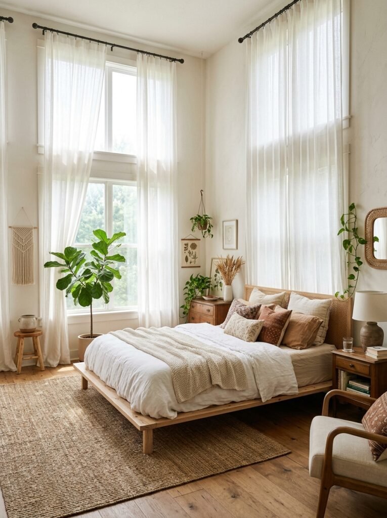 Sheer linen curtains flowing in boho bedroom window