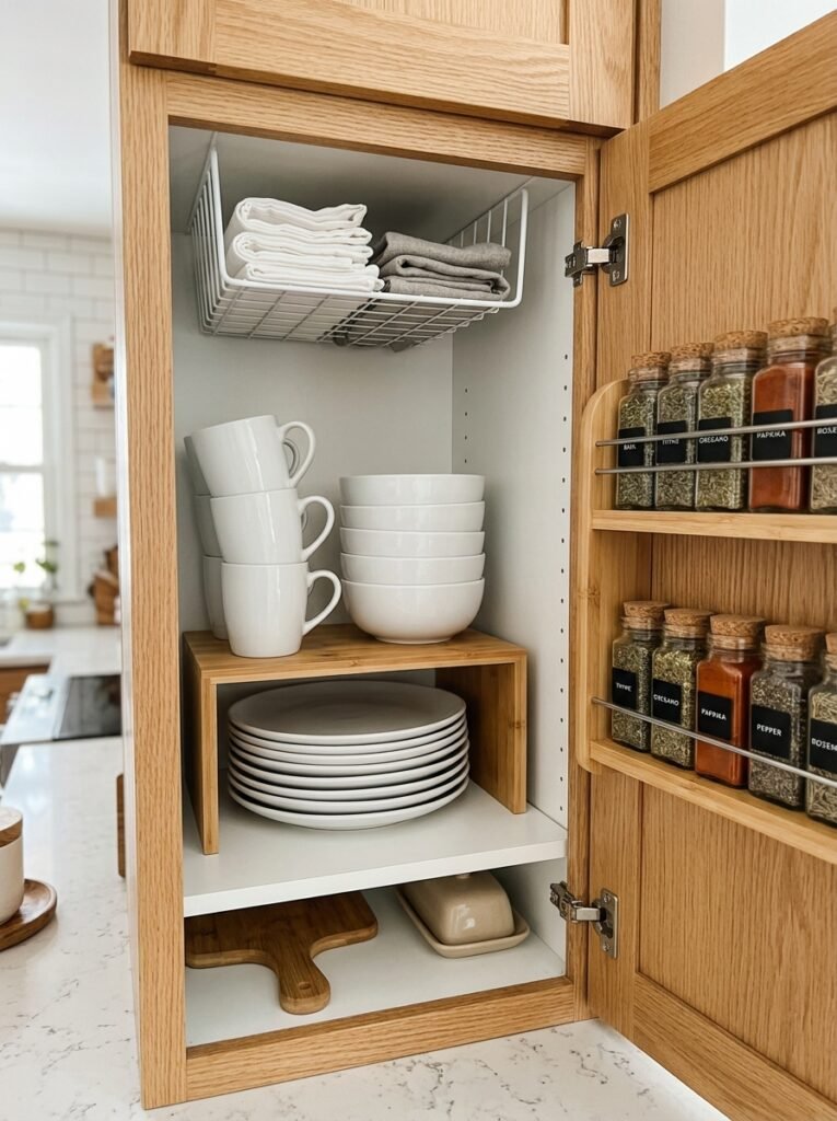 Shelf riser, under-shelf basket, and door-mounted spice rack adding storage inside a cabinet