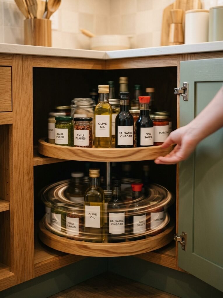 Two-tier lazy Susan turntable organizing oils and sauces in a corner kitchen cabinet