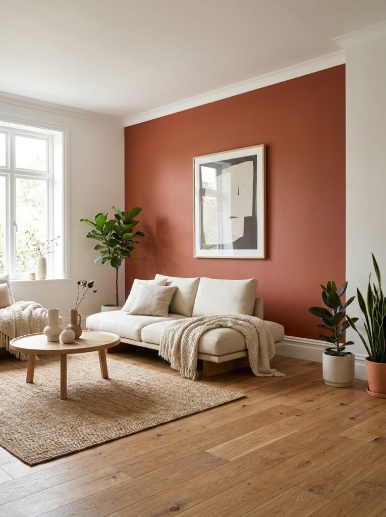 Bold accent wall painted in living room for budget makeover