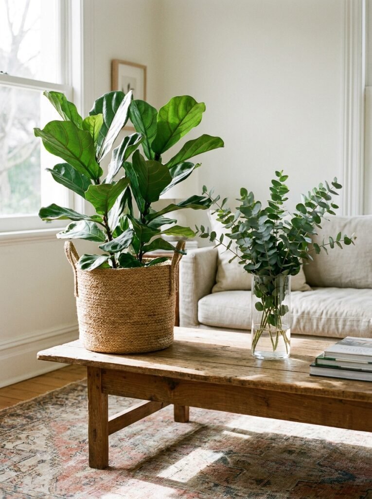 Large indoor plant in ceramic pot in living room corner