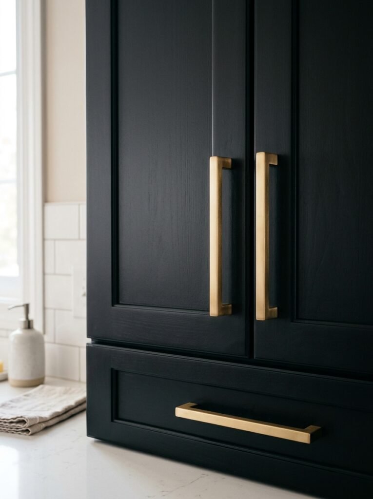 Brushed brass cabinet hardware upgrade in kitchen