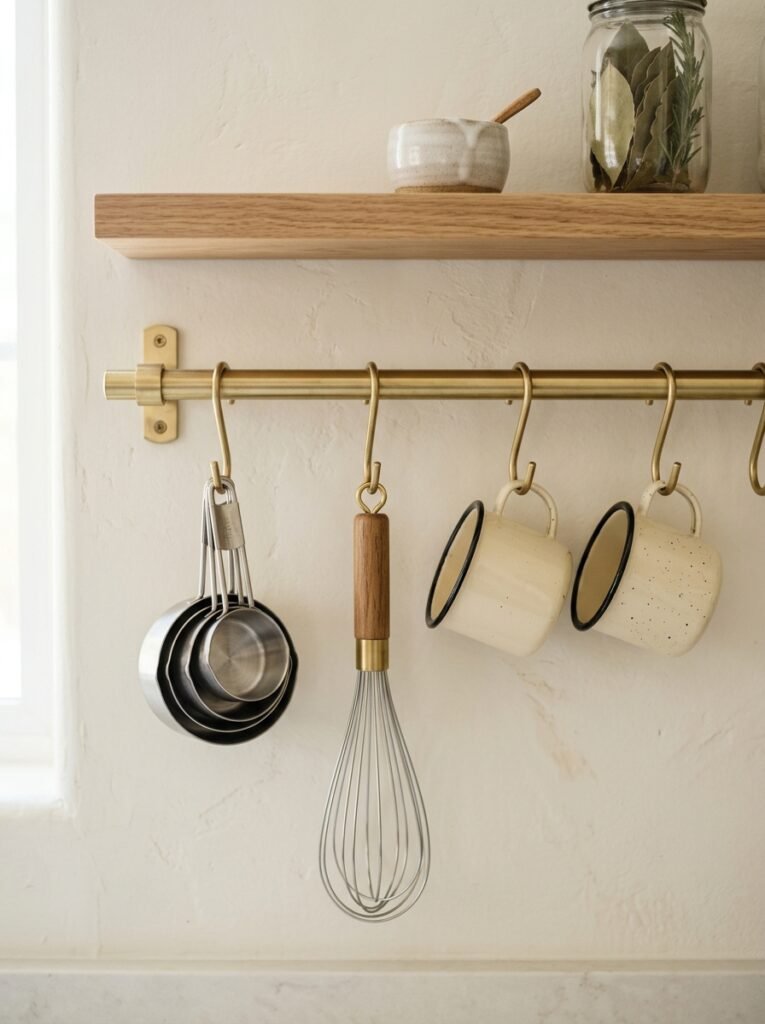  Kitchen wall rail with S-hooks holding utensils and mugs to free up counter space
