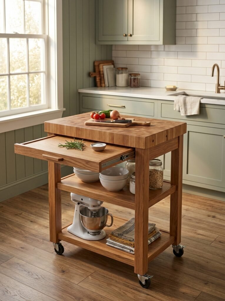 Butcher-block kitchen cart on wheels used for extra prep space and storage