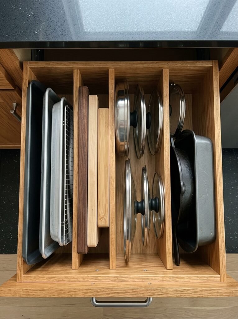 Baking sheets and pot lids stored upright with dividers in a deep kitchen drawer