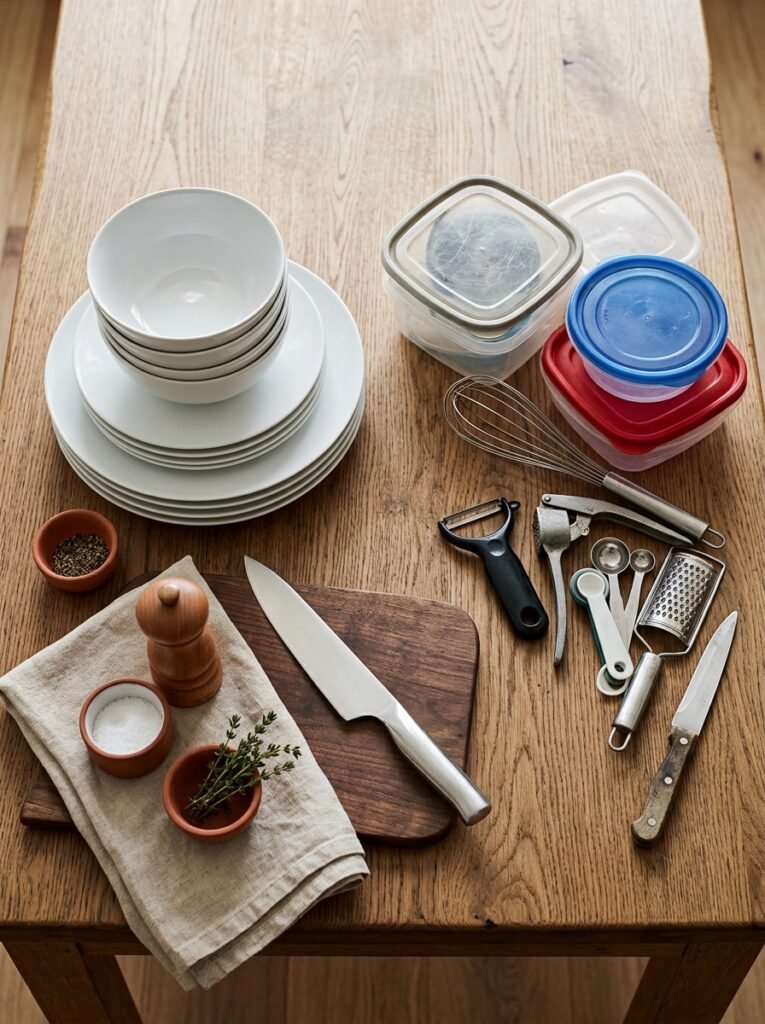  Kitchen items sorted into keep and give-away piles on a table during a declutter