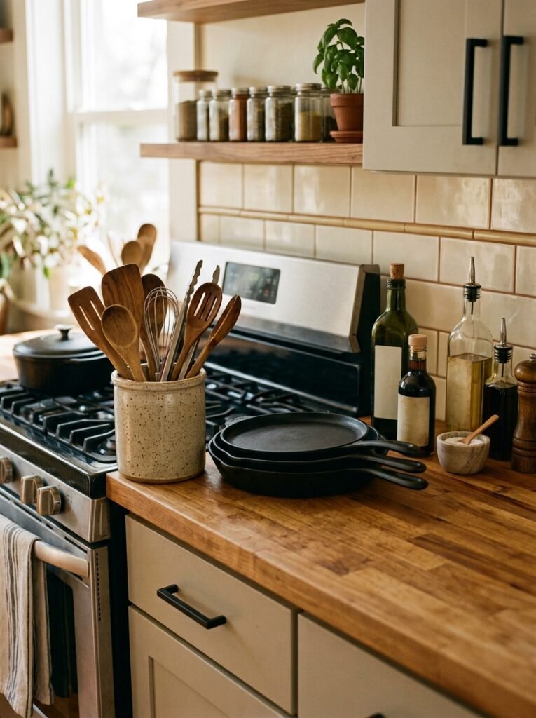 Cooking tools, pans, and oils grouped beside the stove within easy reach