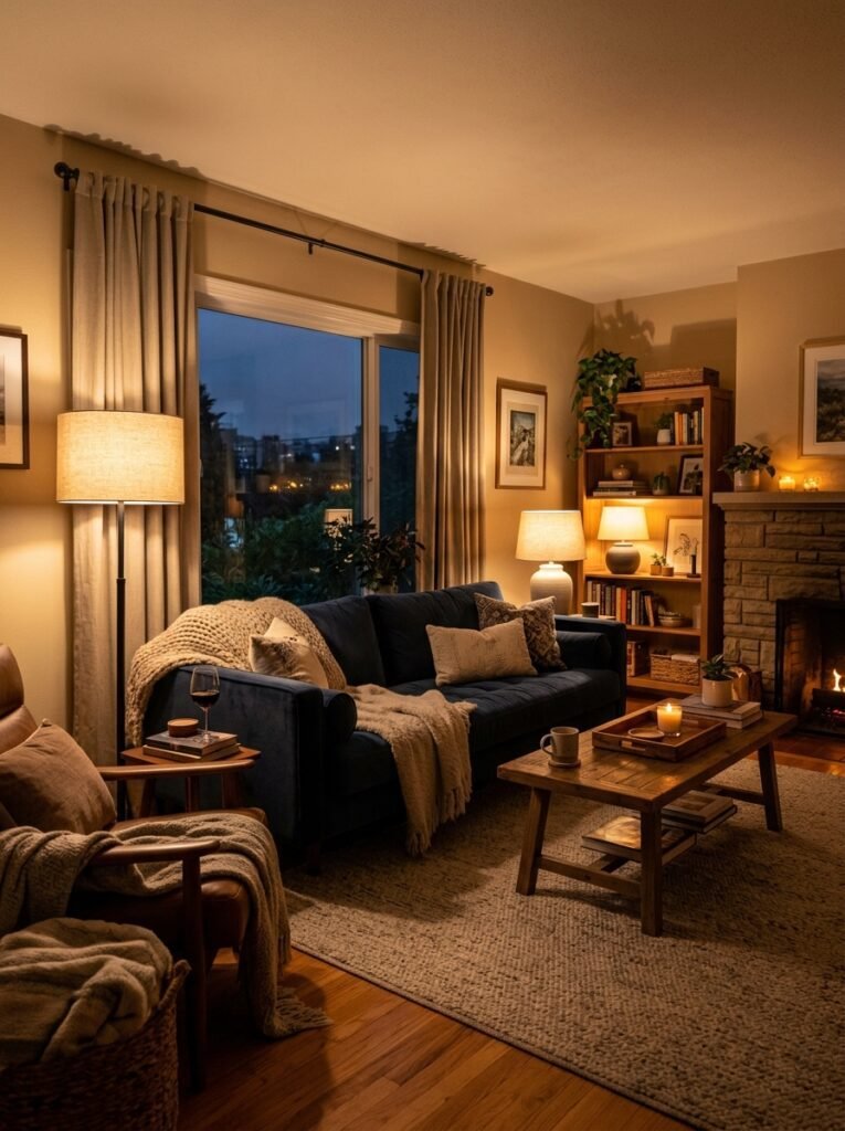Warm layered lighting with floor lamp and table lamp