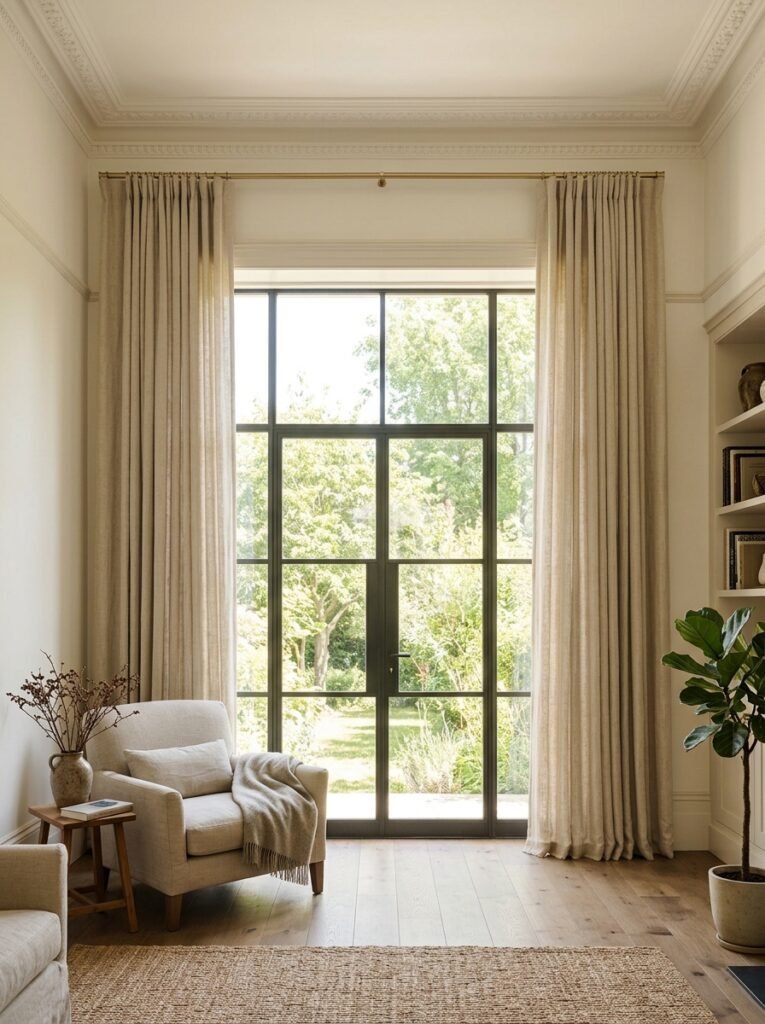 Floor-length curtains hung high near ceiling in modern room