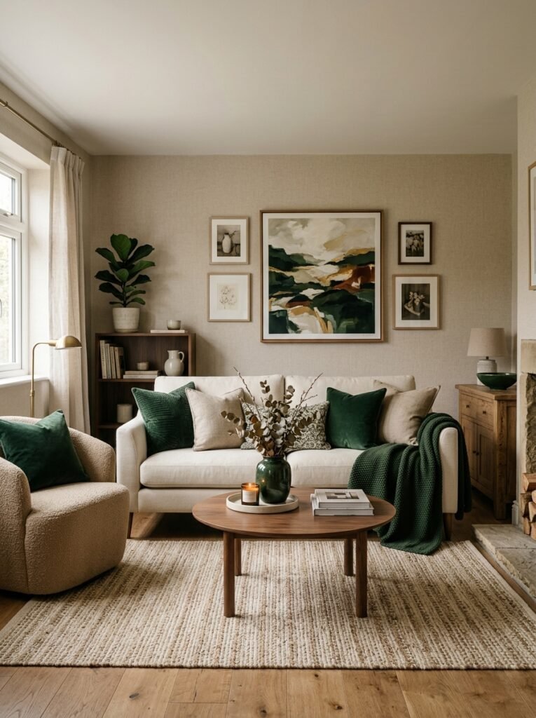Freshly painted neutral wall with white trim in living room